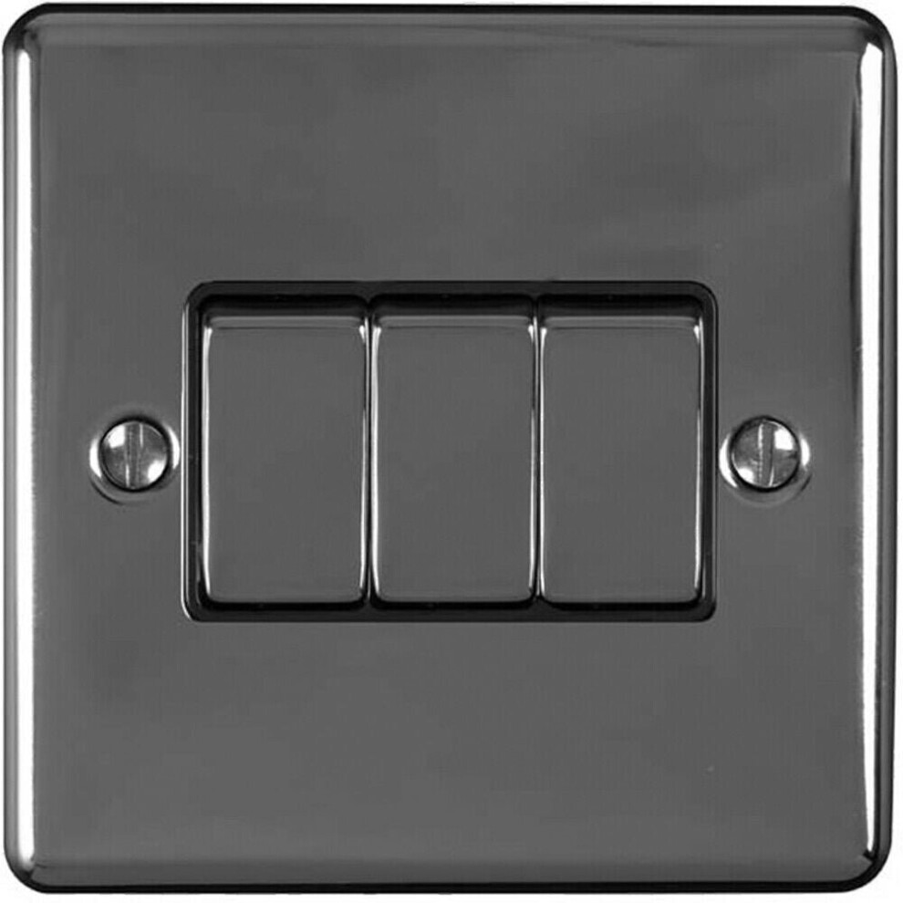 Loops 3 Gang Triple Light Switch Black Nickel 2 Way 10A Black Trim & Metal Rocker