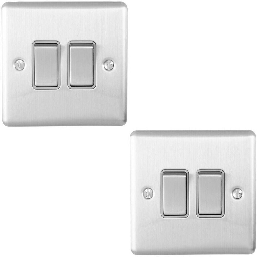 2 PACK 2 Gang Double Metal Light Switch SATIN STEEL 2 Way 10A Grey Trim