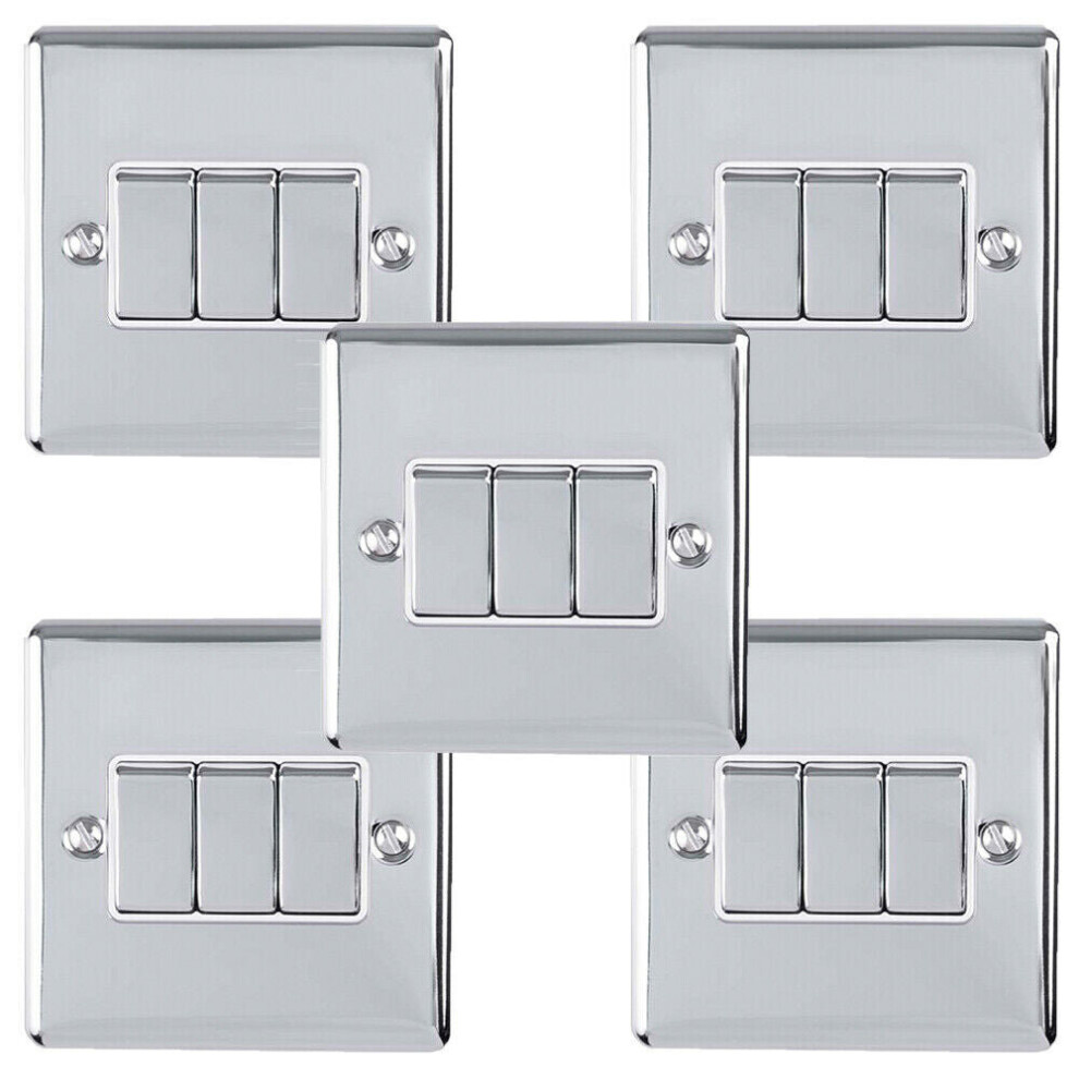 5 PACK 3 Gang Triple Metal Light Switch SATIN STEEL 2 Way 10A Grey Trim