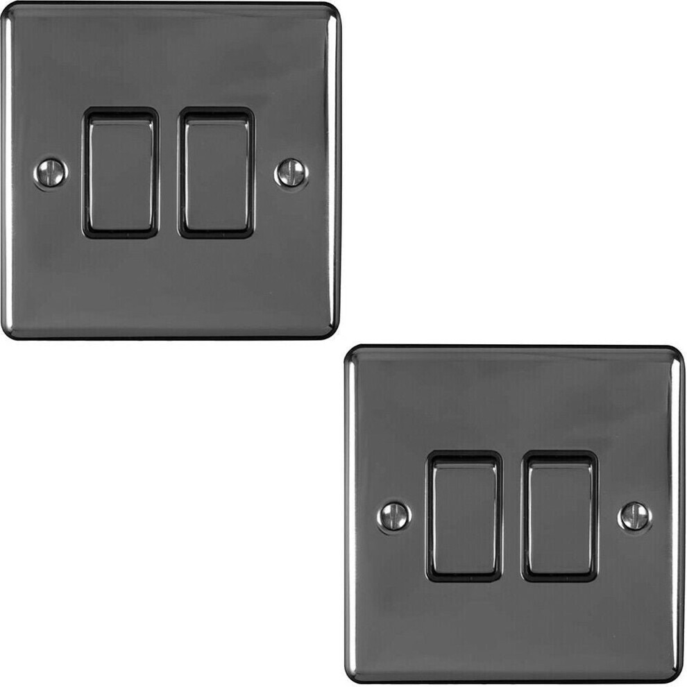 2 PACK 2 Gang Double Metal Light Switch BLACK NICKEL 2 Way 10A Black Trim