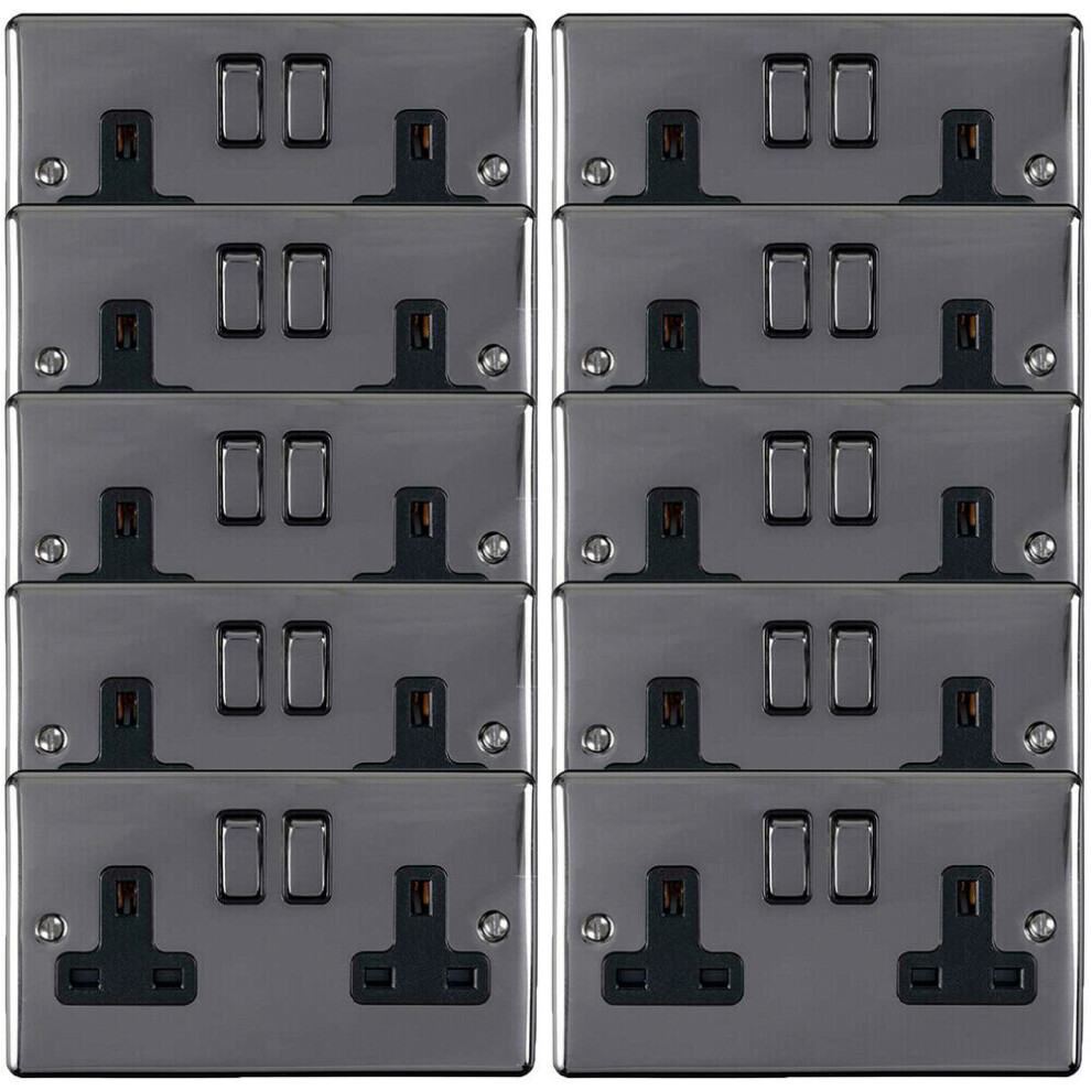 10 PACK 2 Gang Double UK Plug Socket BLACK NICKEL 13A Switched Power Outlet