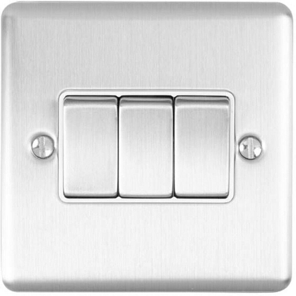 Loops 3 Gang Triple Light Switch Satin Steel 2 Way 10A White Trim & Metal Rocker