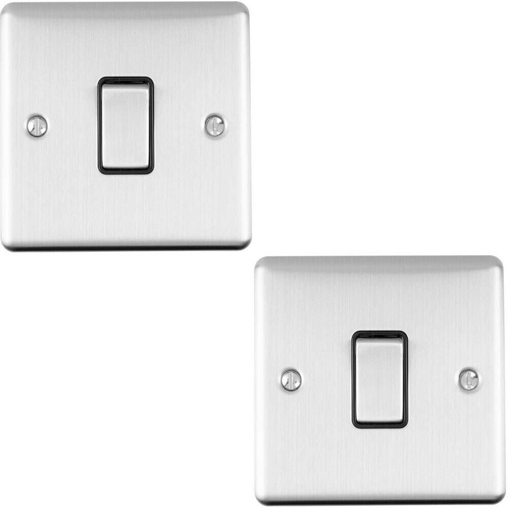 2 PACK 1 Gang Single INTERMEDIATE Light Switch SATIN STEEL & Black 10A Rocker