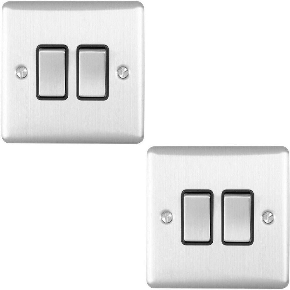 2 PACK 2 Gang Double Metal Light Switch SATIN STEEL 2 Way 10A Black Trim