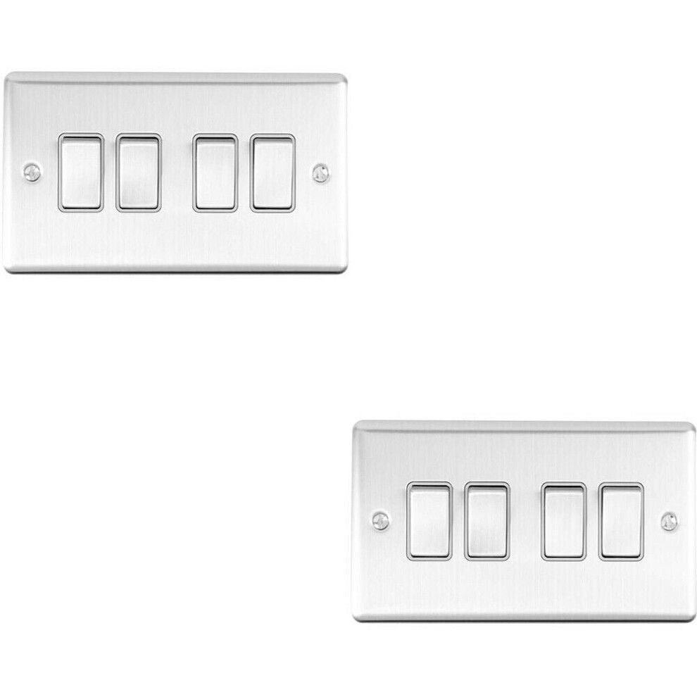 2 PACK 4 Gang Quad Metal Light Switch SATIN STEEL 2 Way 10A Grey Trim