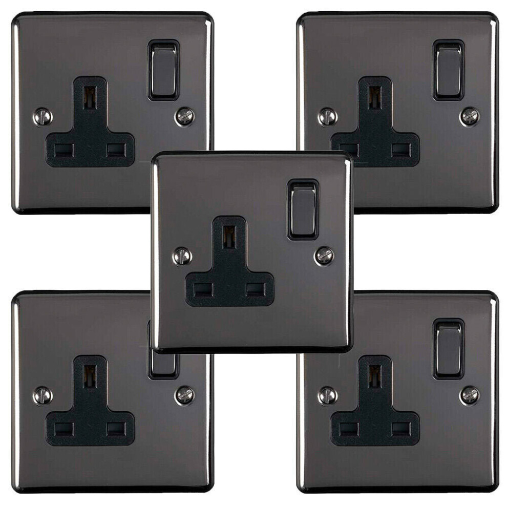 5 PACK 1 Gang Single UK Plug Socket BLACK NICKEL 13A Switched Power Outlet