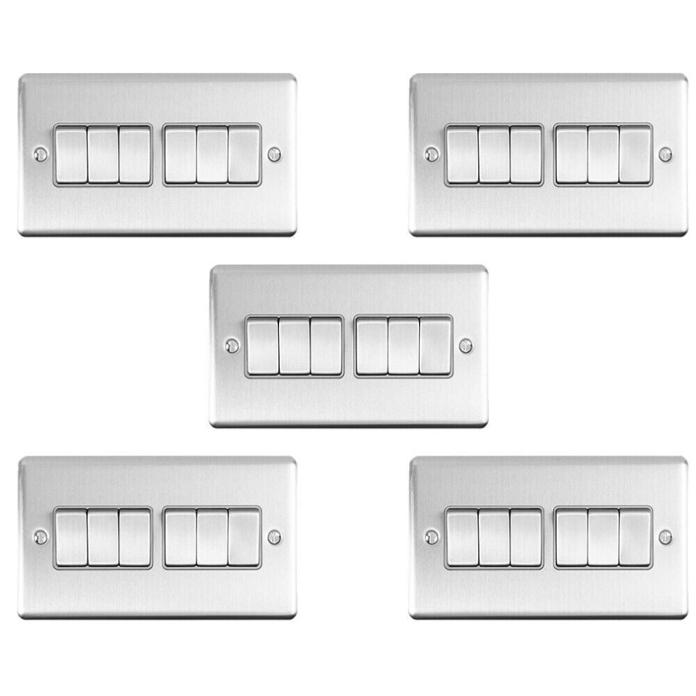 5 PACK 6 Gang Metal Multi Light Switch SATIN STEEL 2 Way 10A Grey Trim