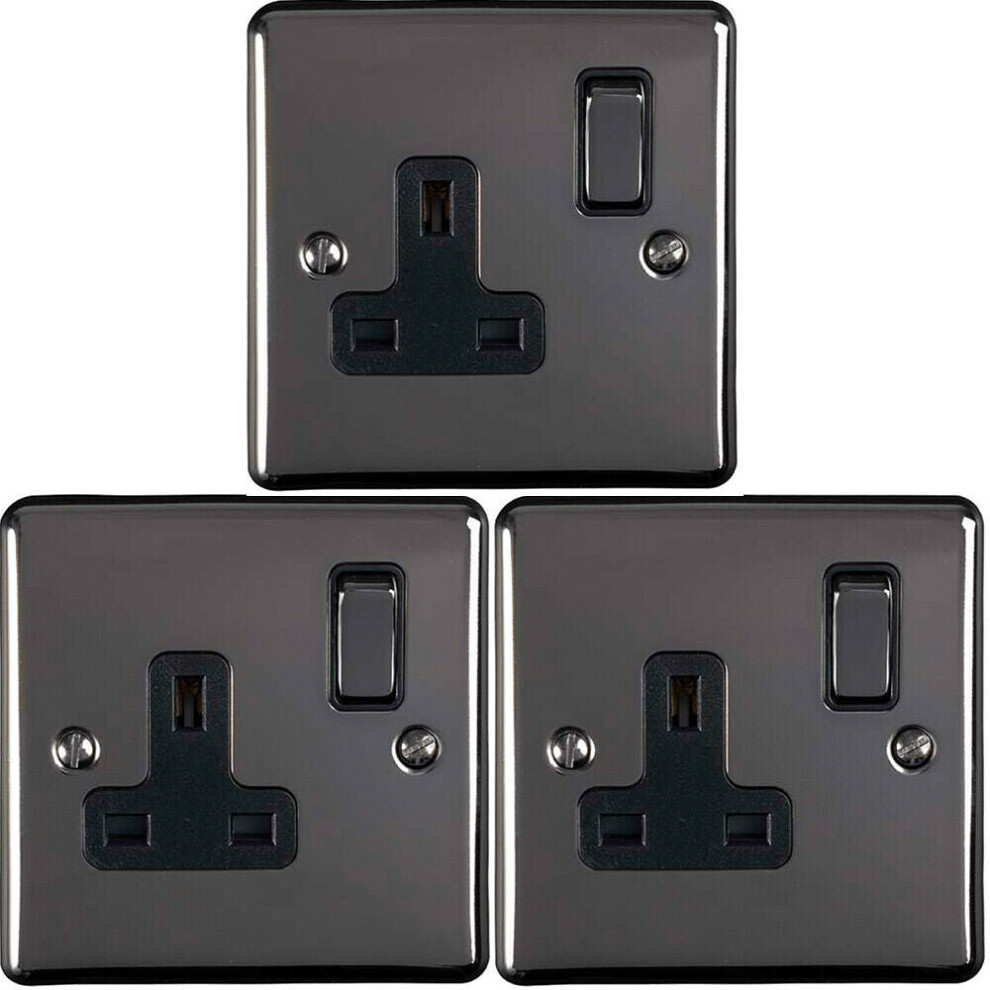 3 PACK 1 Gang Single UK Plug Socket BLACK NICKEL 13A Switched Power Outlet