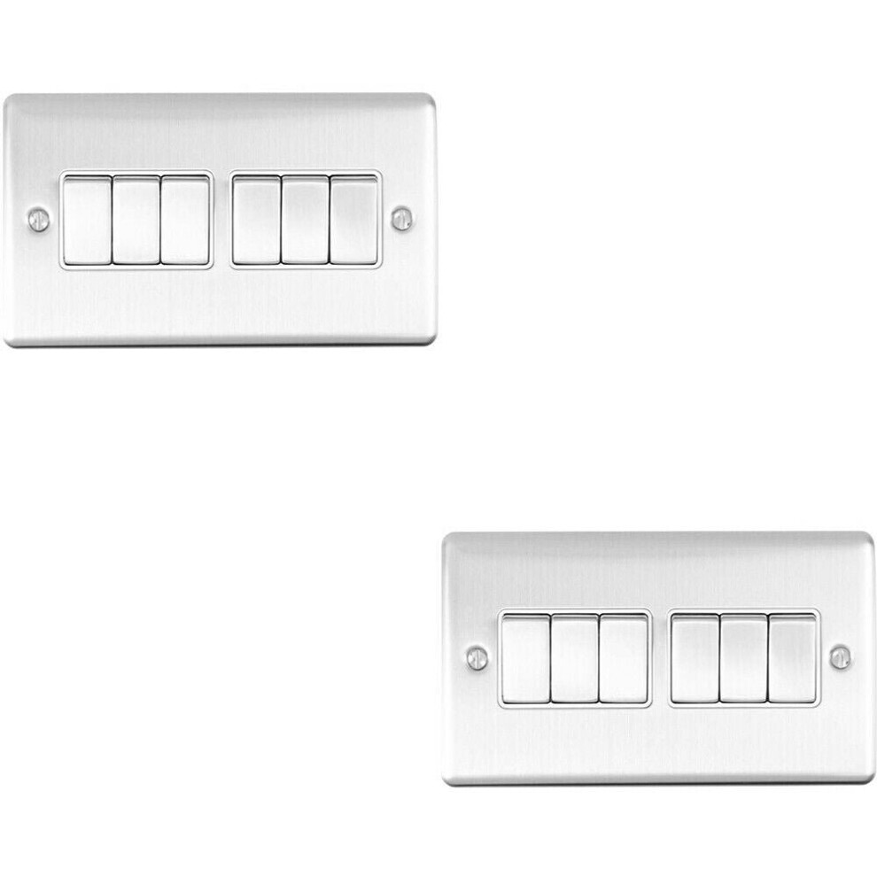 2 PACK 6 Gang Metal Multi Light Switch SATIN STEEL 2 Way 10A White Trim