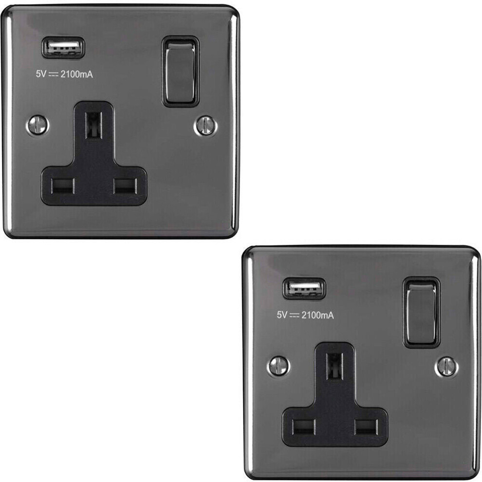 2 PACK 1 Gang Single UK Plug Socket & 2.1A USB BLACK NICKEL & Black 13A Switched