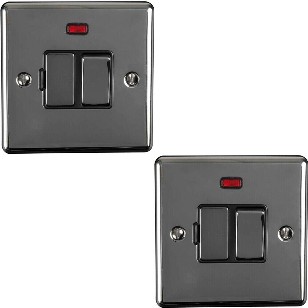 2 PACK 13A DP Switched Fuse Spur & Neon Light BLACK NICKEL & Black Isolation