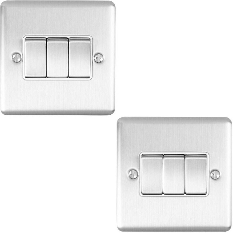 2 PACK 3 Gang Triple Metal Light Switch SATIN STEEL 2 Way 10A White Trim