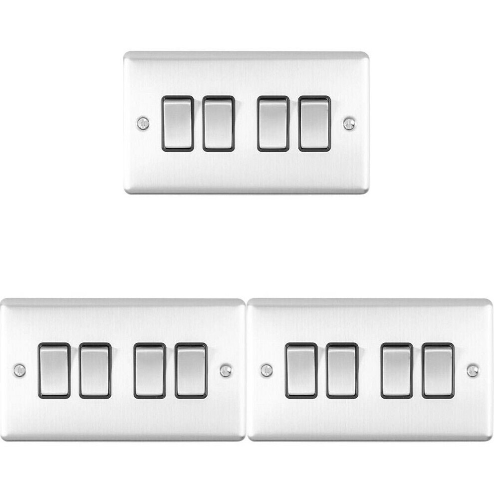 3 PACK 4 Gang Quad Metal Light Switch SATIN STEEL 2 Way 10A Black Trim