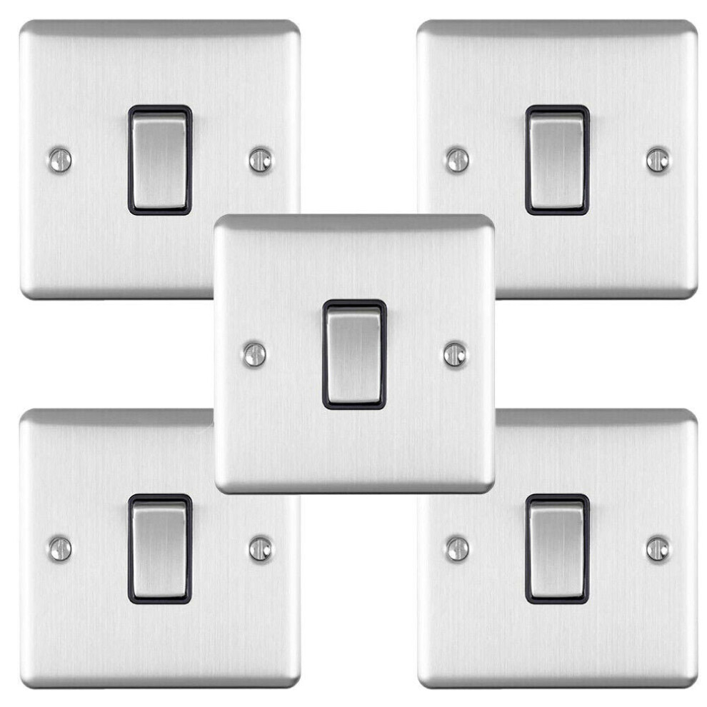 5 PACK 1 Gang Single Light Switch SATIN STEEL 2 Way 10A Black Trim & Metal