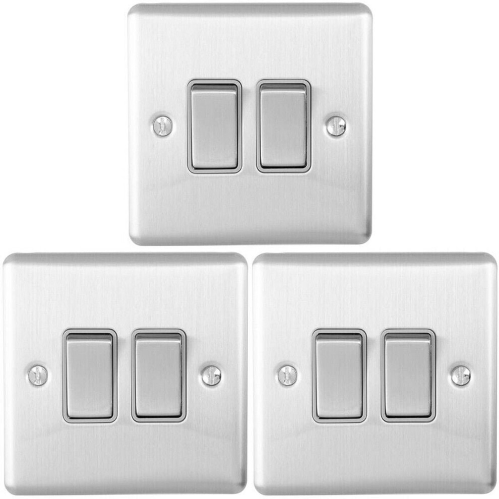 3 Pack 2 Gang Double Metal Light Switch Satin Steel 2 Way 10A Grey Trim 5056524217771
