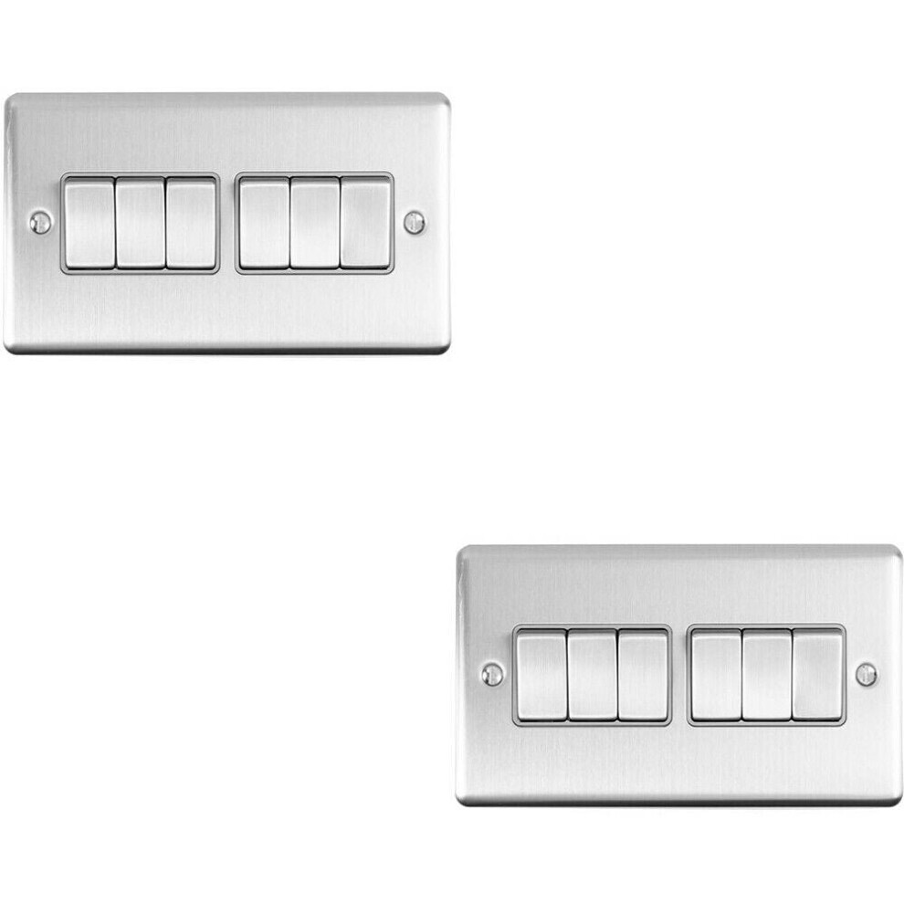 2 PACK 6 Gang Metal Multi Light Switch SATIN STEEL 2 Way 10A Grey Trim