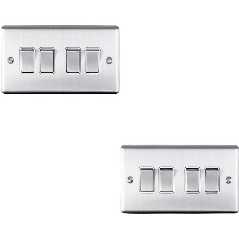 2 PACK 4 Gang Quad Metal Light Switch SATIN STEEL 2 Way 10A White Trim