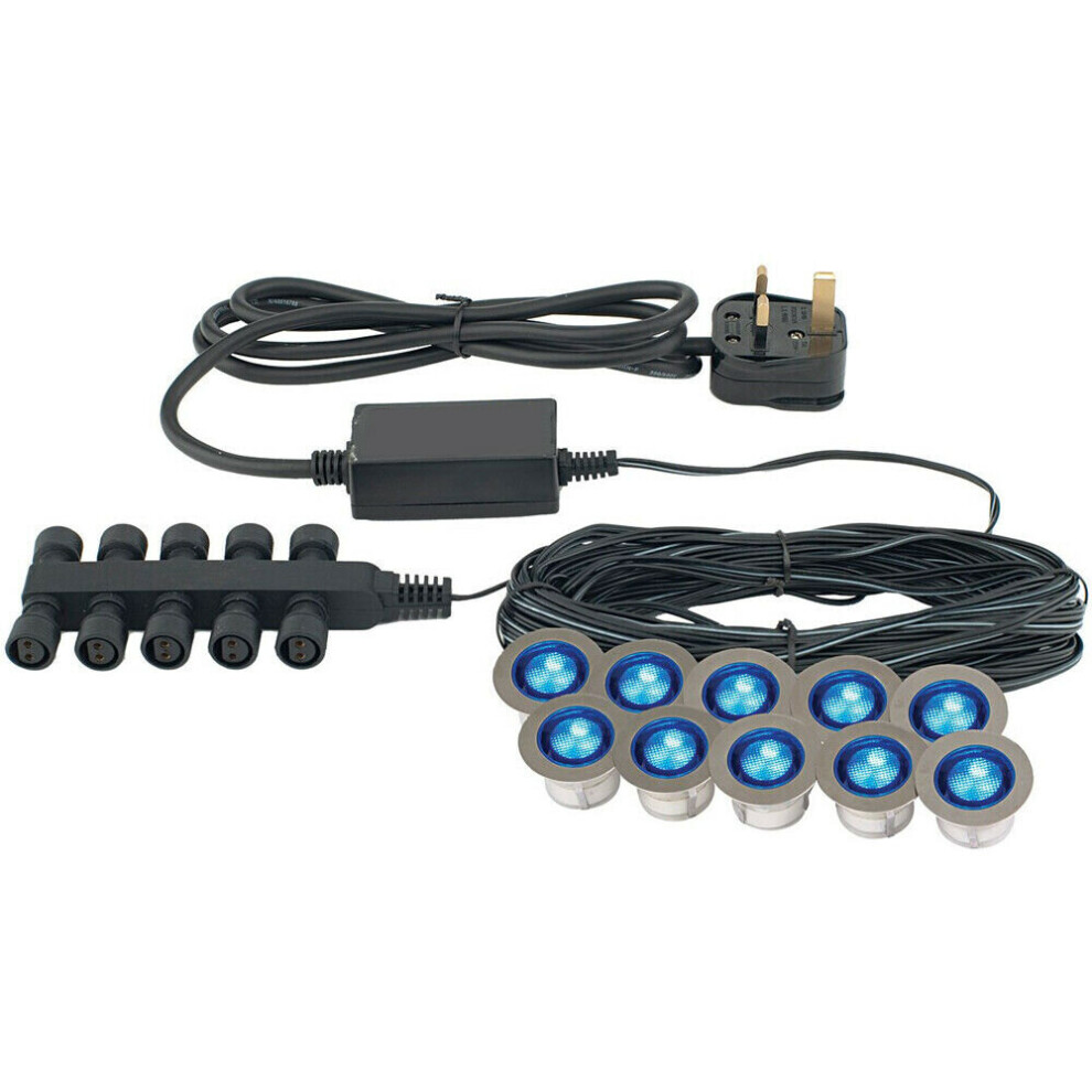 Loops Ip67 Decking Plinth Kit 10X 0.45W Round Garden Lamps Outdoor Rated Light/Blue
