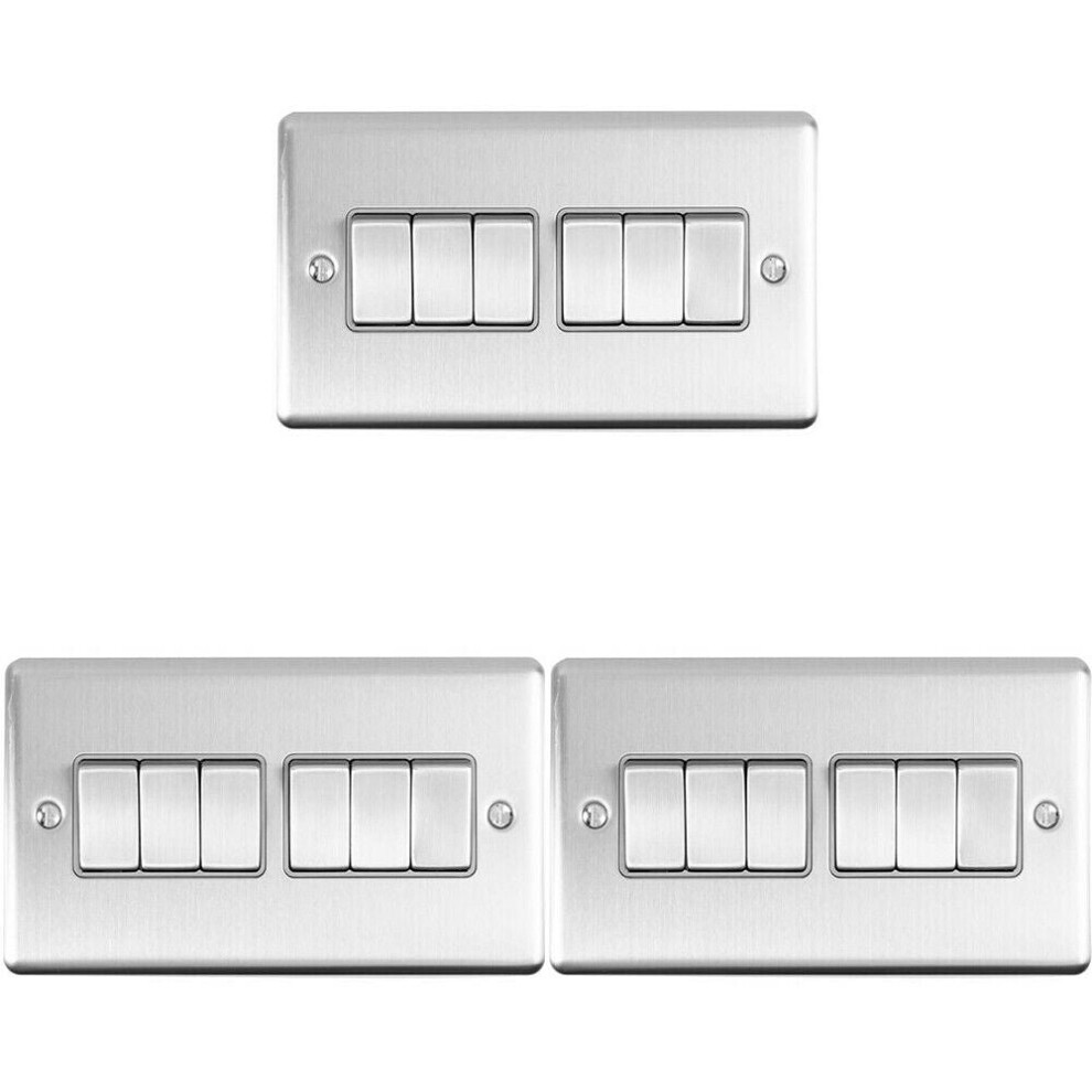3 PACK 6 Gang Metal Multi Light Switch SATIN STEEL 2 Way 10A Grey Trim