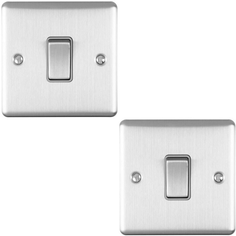 2 PACK 1 Gang Single Light Switch SATIN STEEL 2 Way 10A Grey Trim & Metal