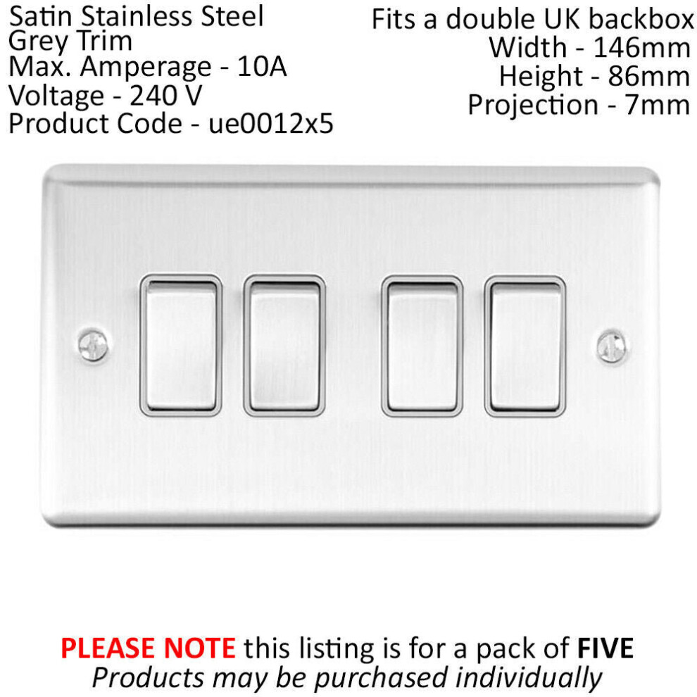 5 PACK 4 Gang Quad Metal Light Switch SATIN STEEL 2 Way 10A Grey Trim