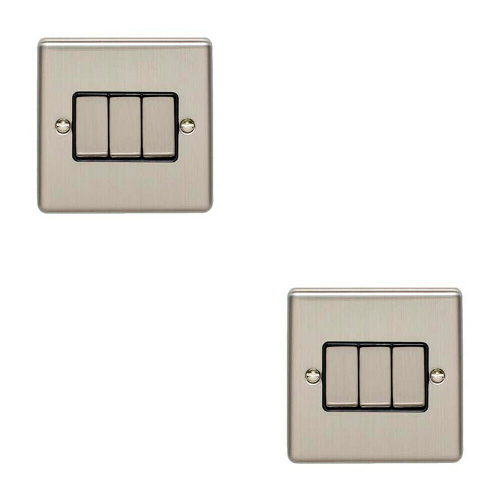 2 PACK 3 Gang Triple Metal Light Switch SATIN STEEL 2 Way 10A Black Trim