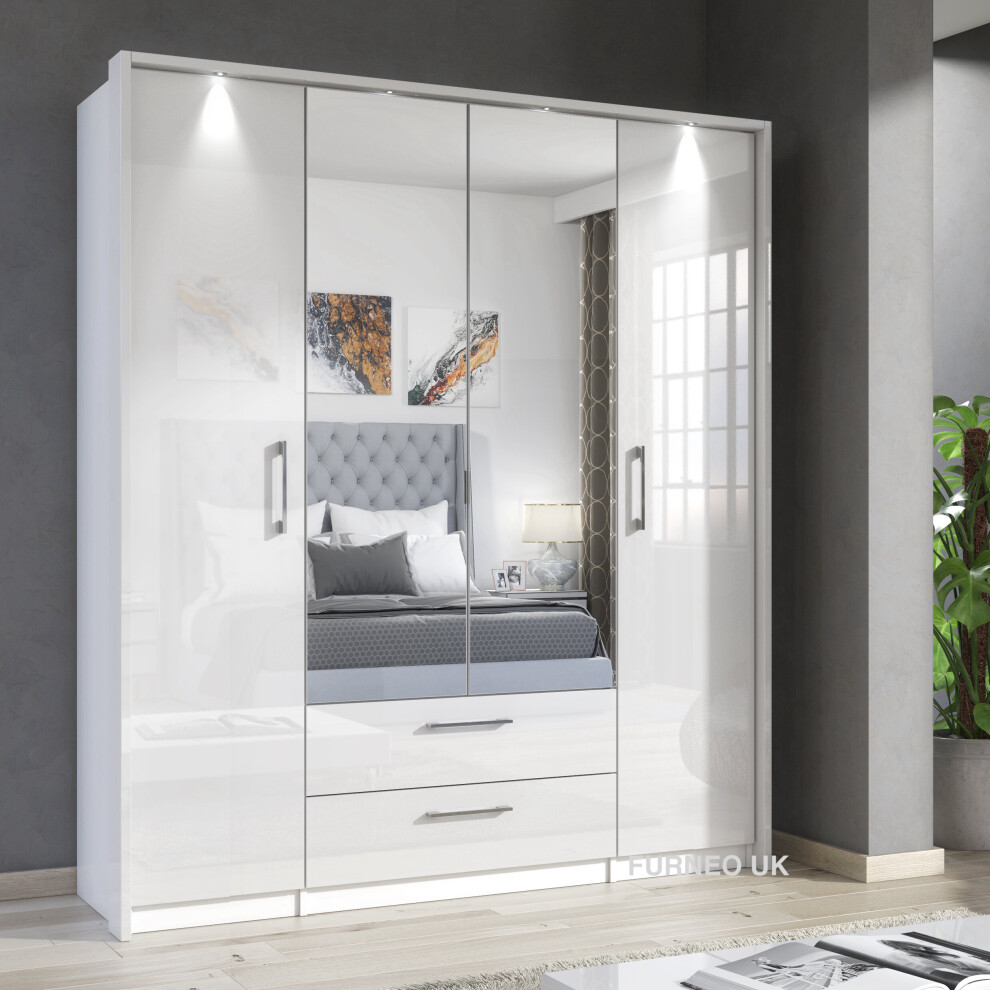 White Mirrored Wardrobe Gloss Matt Modern 4-Door 2-Drawer Bedroom Storage LED Lights Infinity