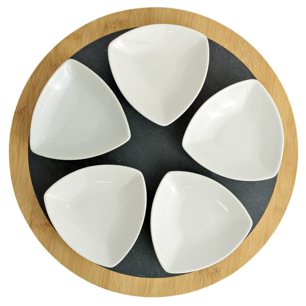 Set of 5 Ceramic Dishes with Round Slate Tray