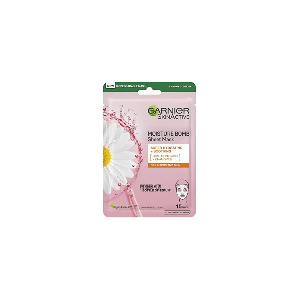 Garnier Moisture Bomb Chamomile and Hyaluronic Acid Sheet Mask, Hydrating & Soothing Face Mask, For Sensitive Skin, Biodegradable and Vegan Tissu