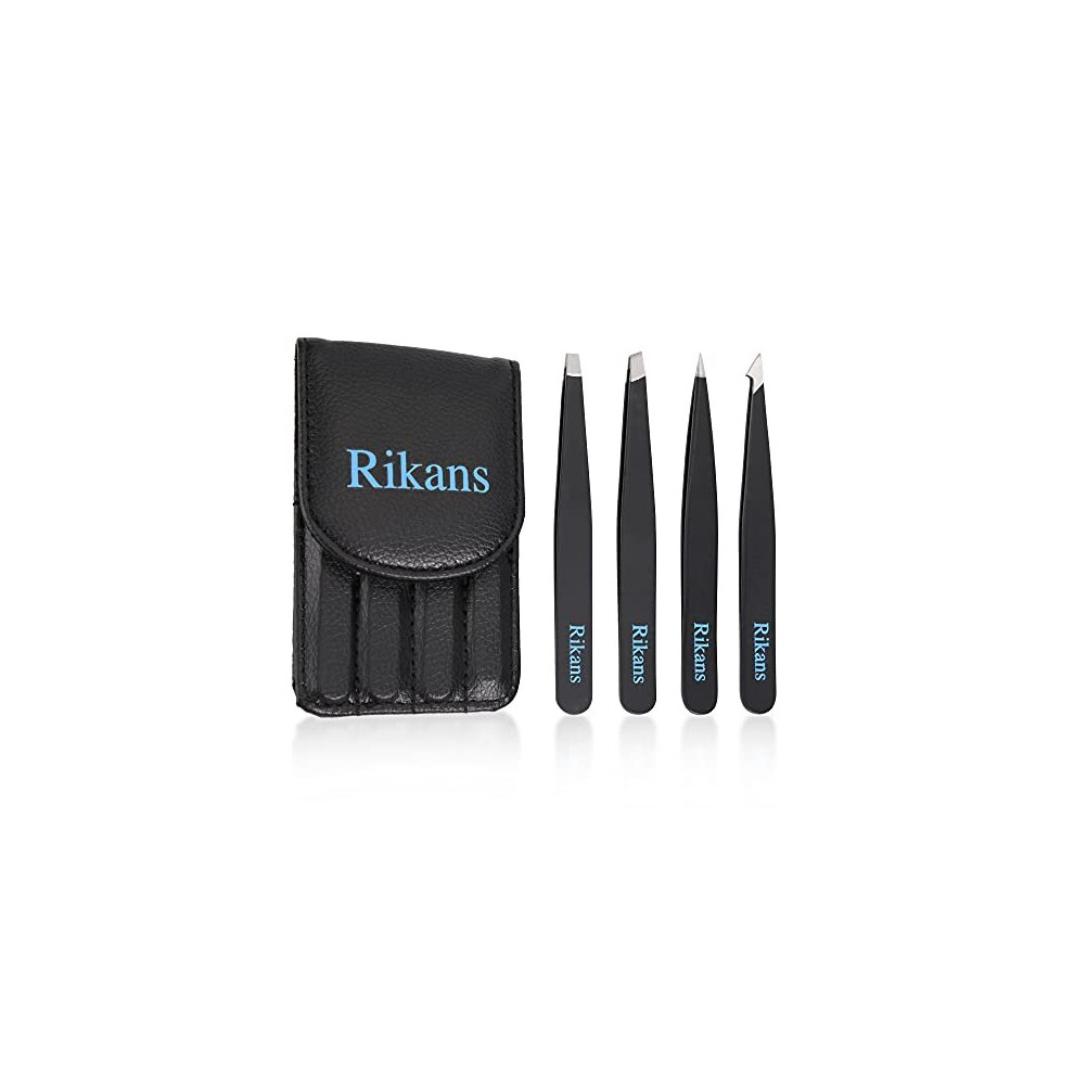 Rikans Black Precision Tweezers Set Pack Of 4 Professional Tweezers Handy Carry Pouch Superior Stainless Steel Tweezer Set Splinters, Eye