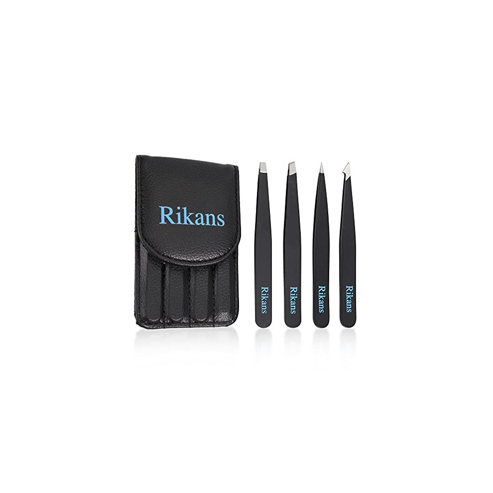 Rikans Precision Tweezers Set  Pack of 4 Black Professional Tweezers  Handy Carry Pouch  Superior Stainless Steel Tweezer Set  Splinters, Eye