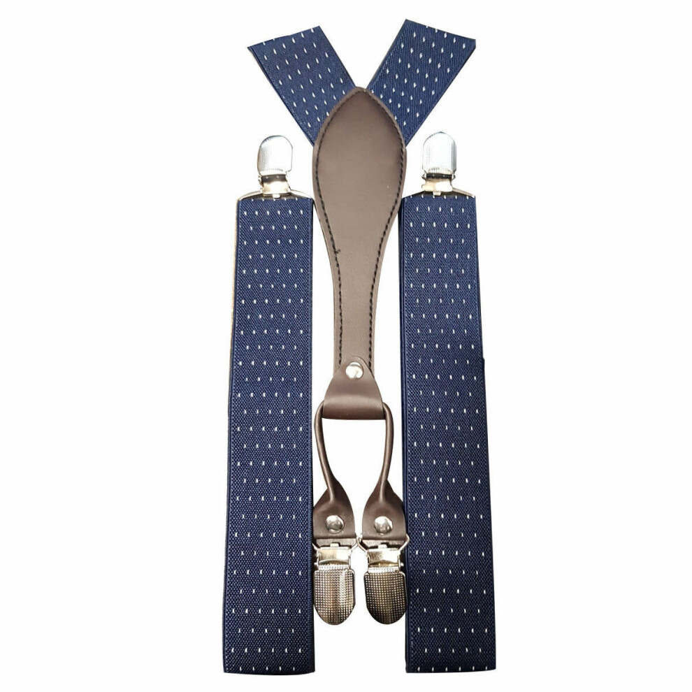 (Navy With Dot) 35mm Men's Adjustable Braces Y Shape Heavy Duty Clip On Suspenders for Trousers, Jeans
