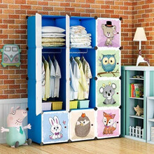 BRIAN & DANY Cartoon Clothes Closet Wardrobe DIY Modular Storage Organizer, Sturdy and Safe for Children, 8 Cubes & 2 Hanging Sections, Blue, 110
