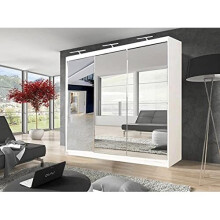 Modern Double Full Mirror sliding door wardrobe 2 with LED Light Width 100cm/120cm/150cm/180cm/203cm/250cm(250cm, White)