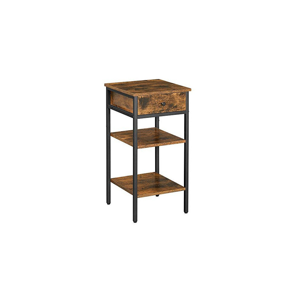 VASAGLE Nightstand, End Table, Tall Bedside Table with a Drawer and 2 Storage Shelves, Space Saving, Industrial Accent Table, Rustic Brown and Bl