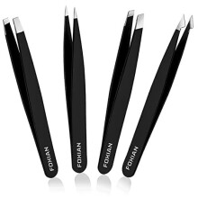 Foxian 4 Pcs Eyebrow Tweezers for Facial Hair Women Stainless Steel Straight & Slanted Tips for Accurate & Precise Grooming of Eyebrows Professio