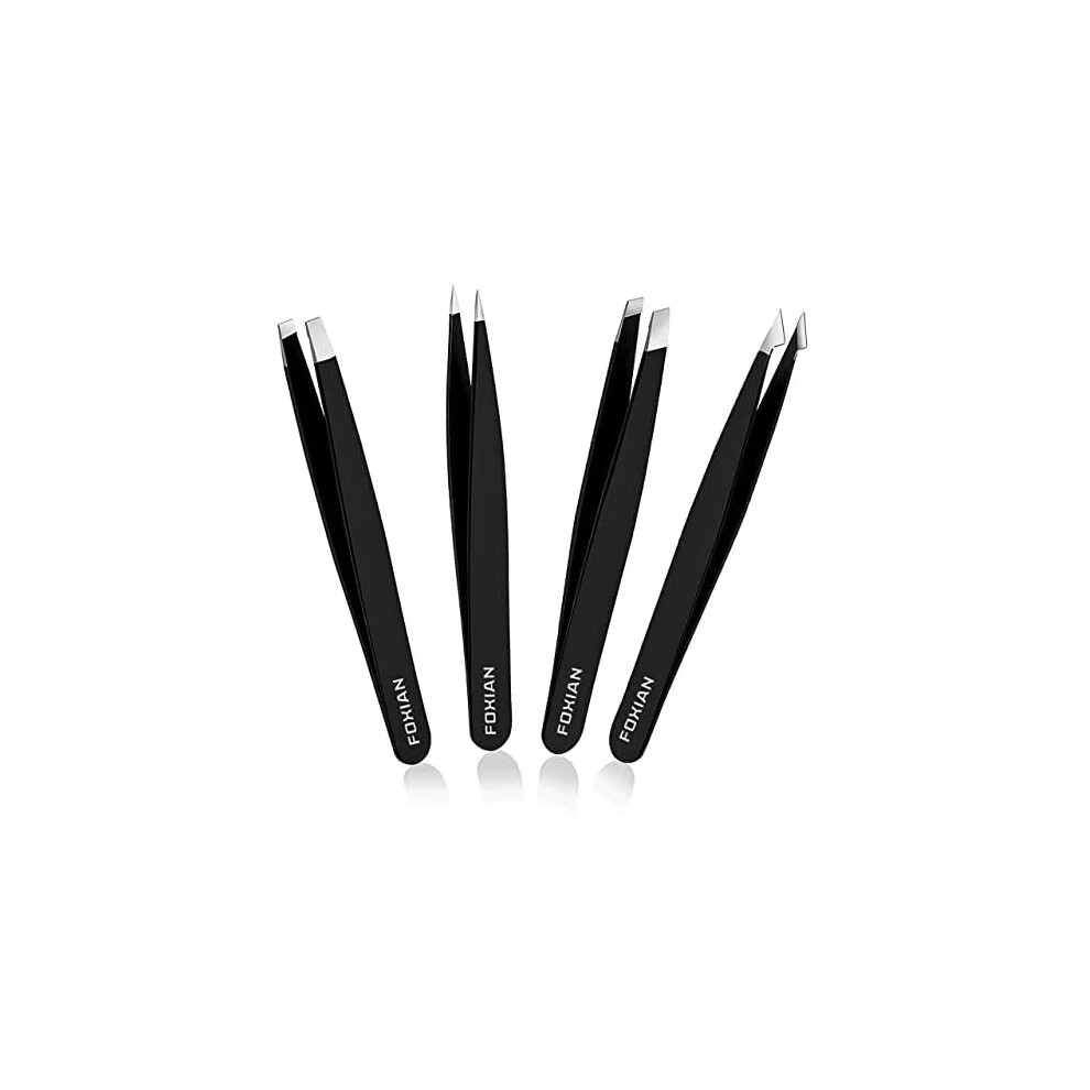 Foxian 4 Pcs Eyebrow Tweezers For Facial Hair Women Stainless Steel Straight & Slanted Tips For Accurate & Precise Grooming Of Eyebrows Professio