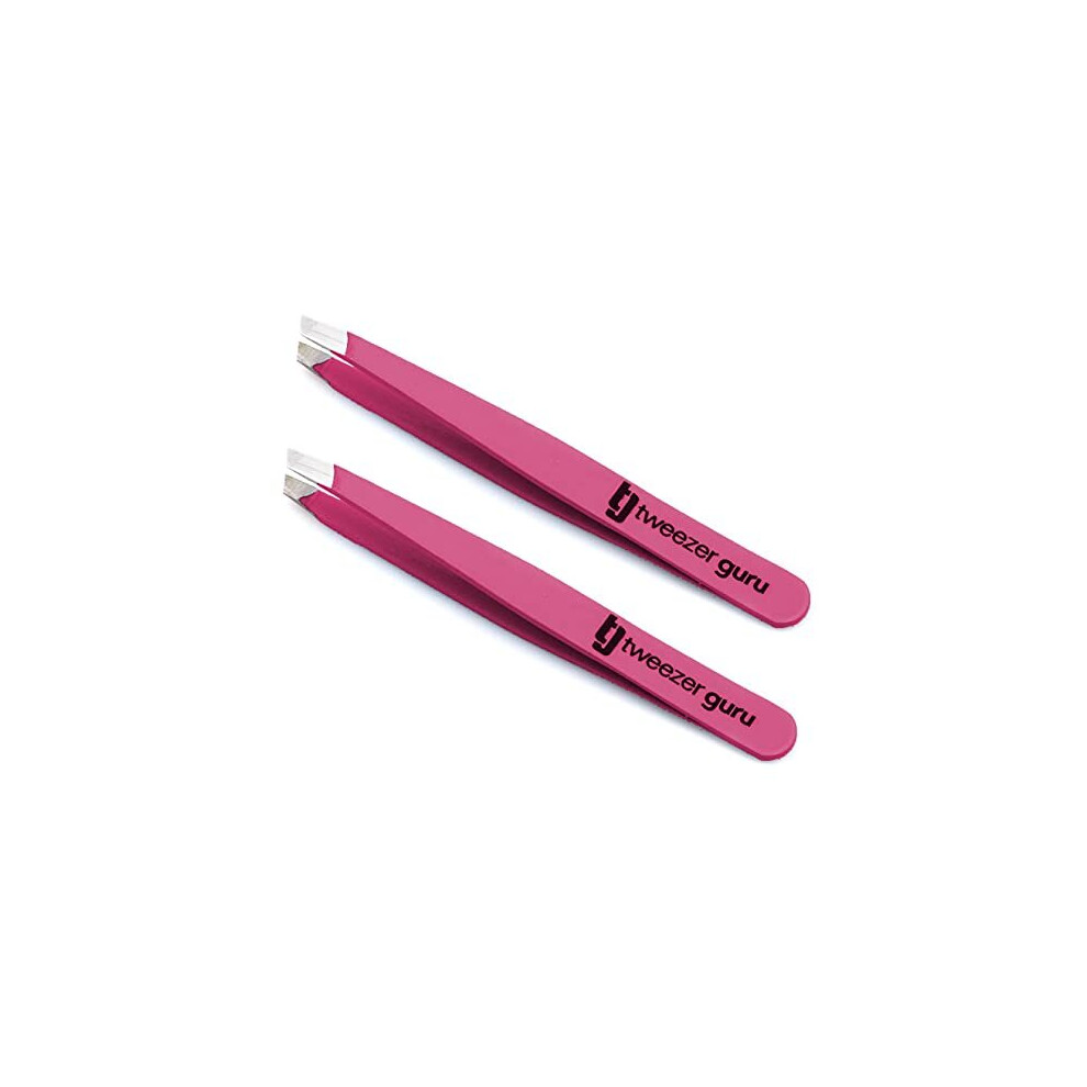 Tweezer Guru Slant Eyebrow Tweezers For Women & Men - 2Pc Precision Tweezers For Eyebrows, Facial Hair & Ingrown Hair Removal - Stainless Steel (