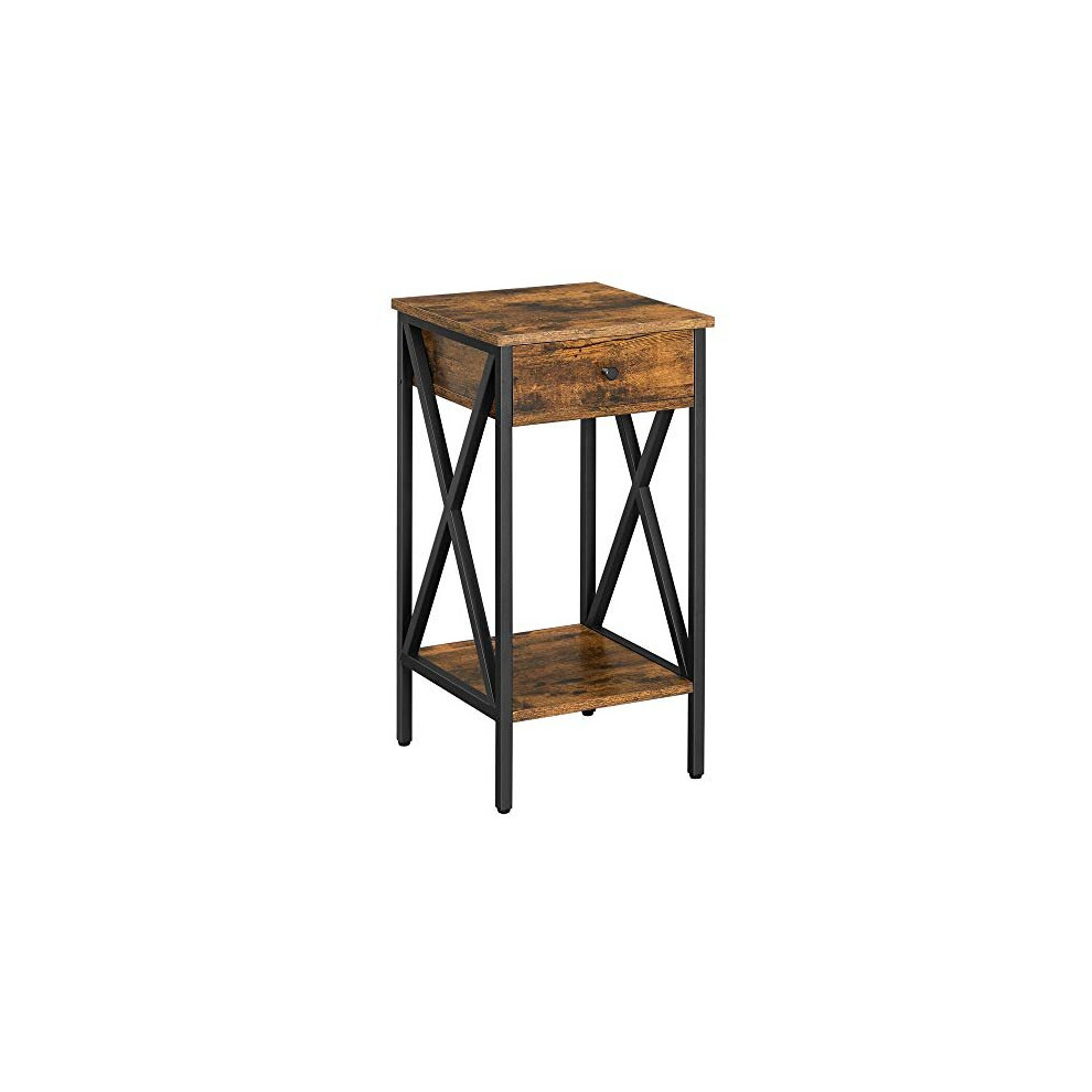 VASAGLE Nightstand, End Table, Tall Bedside Table with Drawer and Storage Shelf, Industrial, Rustic Brown and Black LET501B01