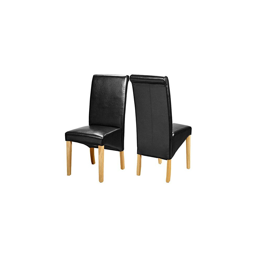 1home Set of 2 Faux Leather Dining Chairs Roll Top High Back with Solid Wooden Legs Oak Finish for Home & Commercial Living Room Bedroom Kitchen