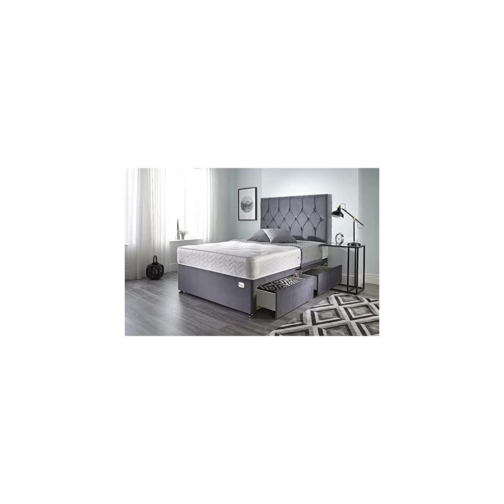 Bed Centre Ziggy Grey Plush Memory Foam Divan Bed Set With Mattress, 2 Drawers (Same Side) and Headboard (King (150cm X 200cm))