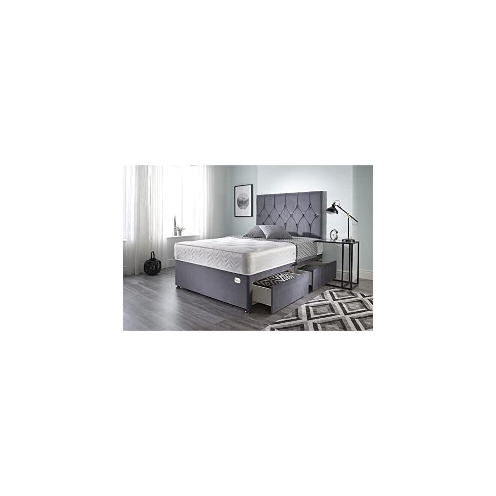 Bed Centre Ziggy Grey Plush Memory Foam Divan Bed Set With Mattress, 2 Drawer (Same Side) and Headboard (Double (135cm X 190cm))