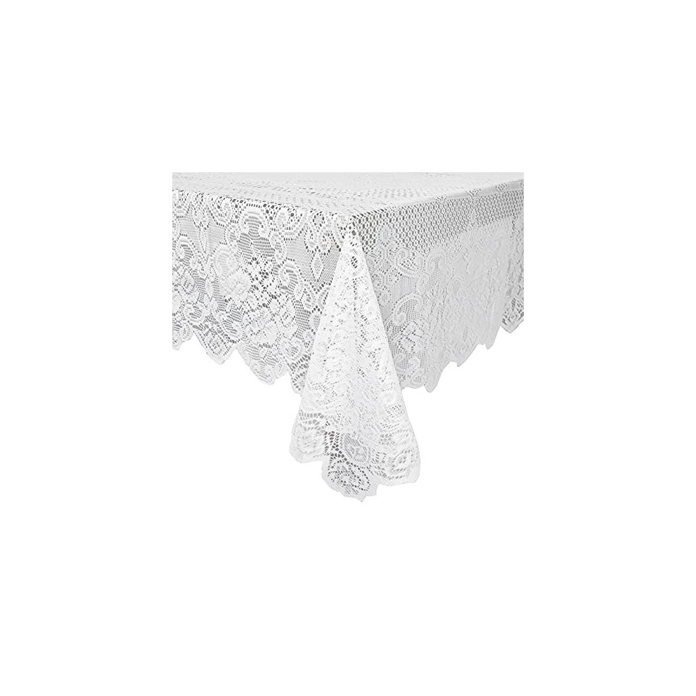 Rectangular Lace Tablecloth with Elegant Floral Patterns, White, 242 x 146 cm