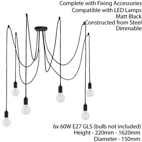 Loops Multi Light Ceiling Pendant 6 Bulb Matt Black Industrial Adjustable Hang Hook 1