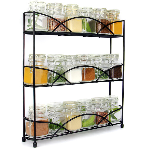 3 Tier Herb & Spice Rack Black Non-Slip Organiser upto 18 Spice Jars Storage M&W