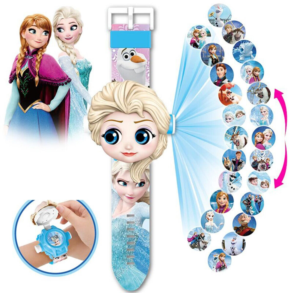 (Elsa) Kids Electronic Projection Watches Digital Childrens Watch 24 Projection 3D Cartoon Watches Spider Man