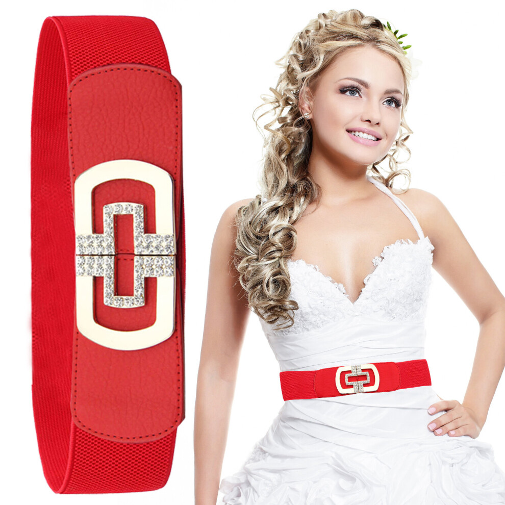 (Red, Large) Women's Waist Belt PU Leather with Diamante Studded Buckle Waistband Retro Cinch Belt for Formal & Casual Dress, Retro Waistband, 60mm Wide