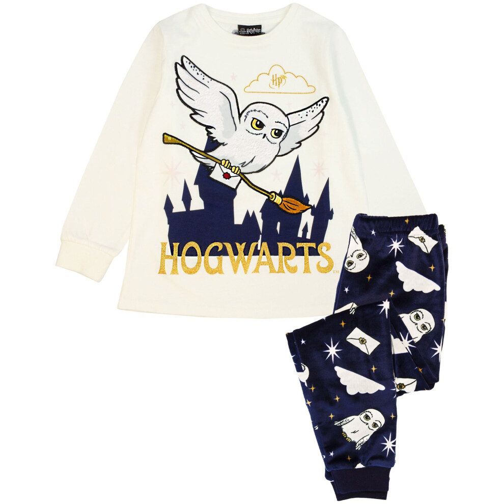 (7-8 Years, Off White/Navy) Harry Potter Girls Hedwig Fleece Long Pyjama Set