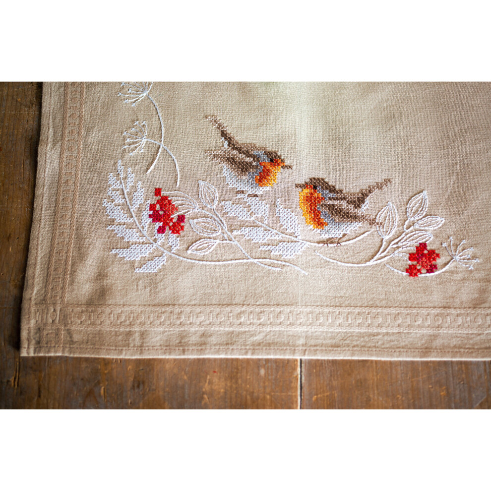 Vervaco Stamped Table Runner Cross Stitch Kit 16"X40"-Robins In Winter -V0187947