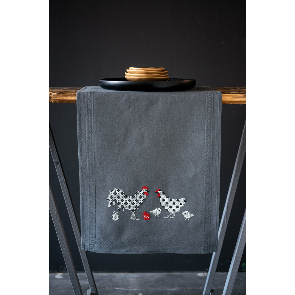 Vervaco Stamped Table Runner Cross Stitch Kit 16"X40"-Rooster And Chicken -V0186090